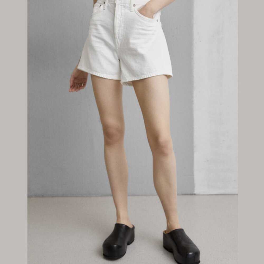 30 Agolde High Rise Short Parker Long Organic Cotton White Button Closure Denim - Picture 2 of 16